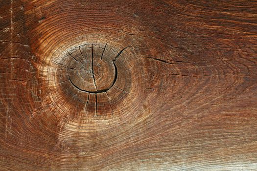 Close up background texture of vintage weathered brown wooden surface with knots and stains