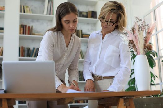 Two female collegues working with laptop and discussing new project