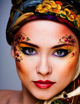 portrait of contemporary noblewoman with face art creative, young retty lady with color berryes on face close up