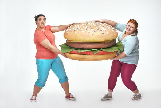 Funny picture of amusing, chubby women on white background. Two women are holding a huge sandwich