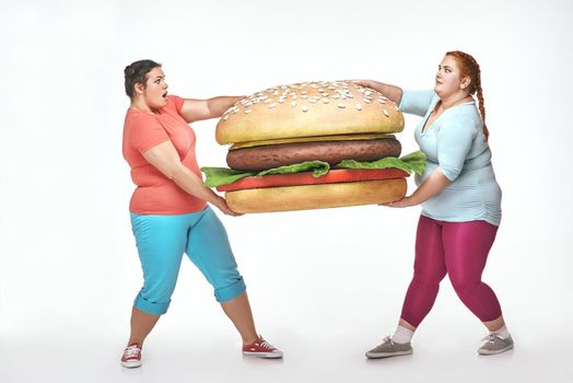 Funny picture of amusing, chubby women on white background. Two women are holding a huge sandwich