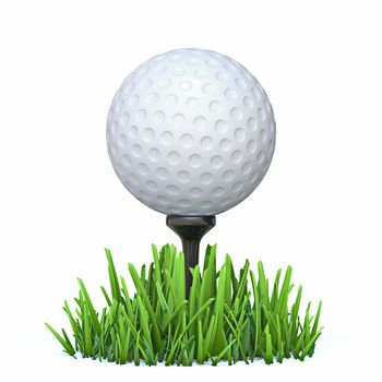 Golf ball on the grass 3D rendering illustration isolated on white background