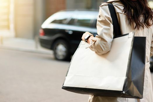 Cropped shot of woman carrying big shopping bag walking city streets. Fashion, people lifestyle concept