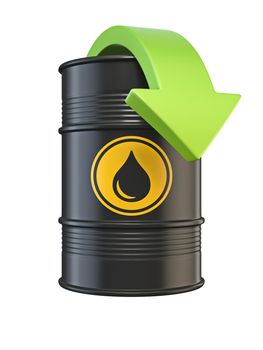 Oil barrel with green arrow 3D rendering illustration isolated on white background