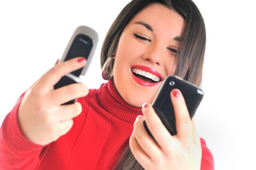 young business woman in red isolated on white talking on cell phone