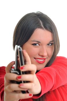 young beautiful woman in red talk on cellphone isolated