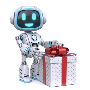 Cute blue robot showing gift box 3D rendering illustration isolated on white background
