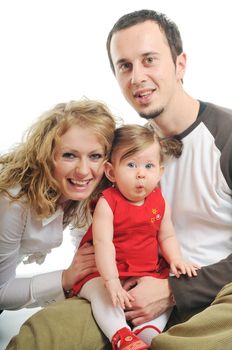 young happy family with beautiful baby playing and smile  isolated on white