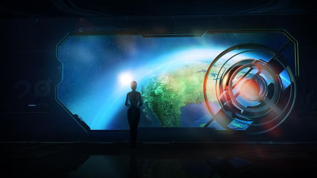 Fantastic story about an android exploring the Earth from orbit. 3D render.