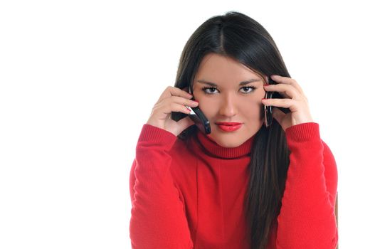 young beautiful woman in red talk on cellphone isolated