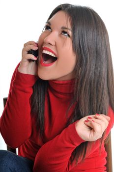 young beautiful woman in red talk on cellphone isolated