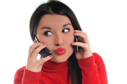 young beautiful woman in red talk on cellphone isolated