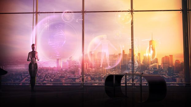 An android in front of a virtual interface examines medical data against the background of a panoramic window overlooking the city. 3D render.