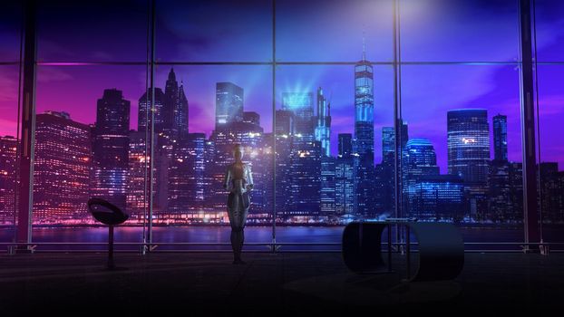 Fantastic scene with an android standing in the office in front of a panoramic window overlooking city night lights. 3D render.