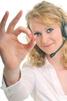 young beautiful business woman with headset phone help customer solution info service