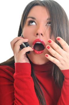 young business woman in red isolated on white talking on cell phone