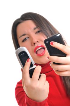 young beautiful woman in red talk on cellphone isolated