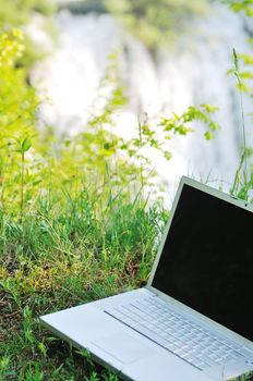 thin modern silver laptop computer in green nature outdoor