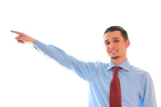 young business main with red tie pointing direction with finger and smile