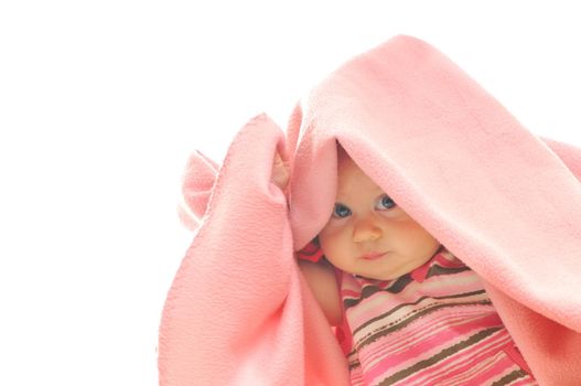 cute little baby isolated on white under blanket alone