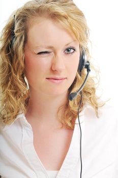 young beautiful business woman with headset phone customer solution info service