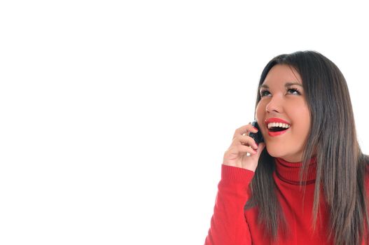 young beautiful woman in red talk on cellphone isolated