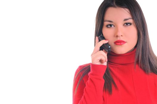 young business woman in red isolated on white talking on cell phone