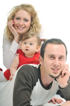 young happy family with beautiful baby playing and smile  isolated on white