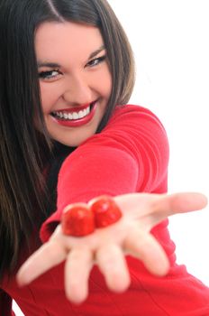 young beautiful brunette woman in red isolated on white eat chocolate food