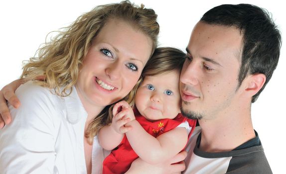 young happy family with beautiful baby playing and smile  isolated on white in studio 