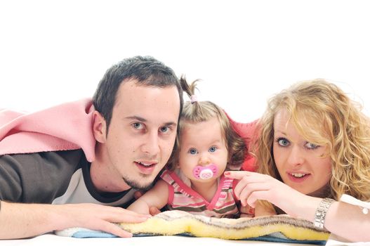 young happy family with beautiful baby playing and smile  isolated on white