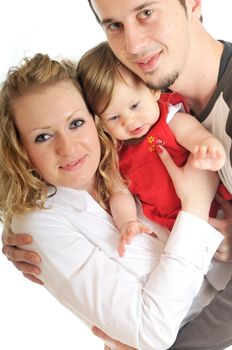 young happy family with beautiful baby playing and smile  isolated on white