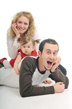 young happy family with beautiful baby playing and smile  isolated on white