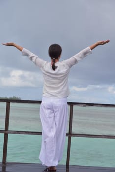 young woman relax on cloudy summer day and bad weather