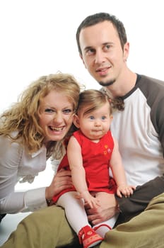 young happy family with beautiful baby playing and smile  isolated on white