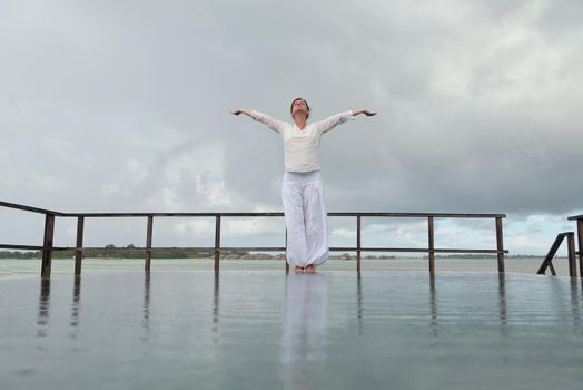 young woman relax on cloudy summer day and bad weather