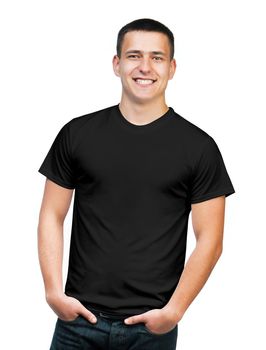 black t-shirt on a young man isolated