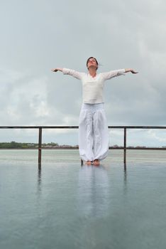 young woman relax on cloudy summer day and bad weather