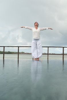 young woman relax on cloudy summer day and bad weather