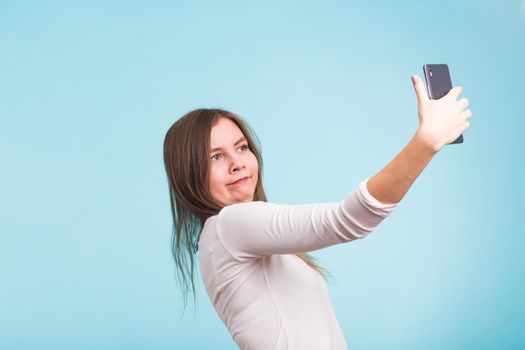 fool crazy woman make selfie. happy expression.