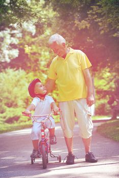 happy grandfather and child have fun and play in park