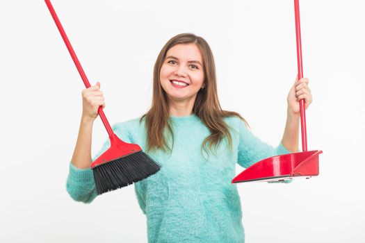 Funny Cleaning women happy excited during cleaning. isolated on white background.