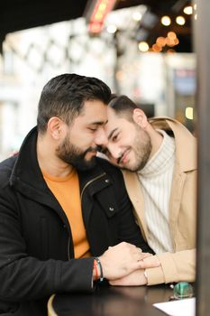 Two caucasian young gays sitting and hugging, holding hands. Concept of same sex couple and lgbt.