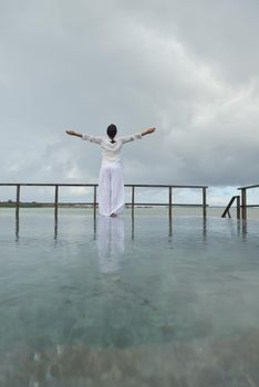 young woman relax on cloudy summer day and bad weather