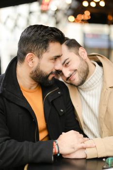 Two european young gays sitting and hugging, holding hands. Concept of same sex couple and lgbt.