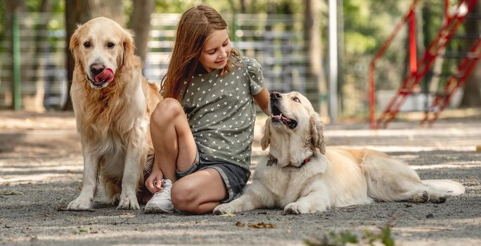 Preteen girl petting golden retriever dogs in the park. Cute child with doggy pets sitting outdoors