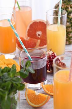 Freshly prepared pomegranate juice, among the juices of orange, grapefruit, pineapple, mango.