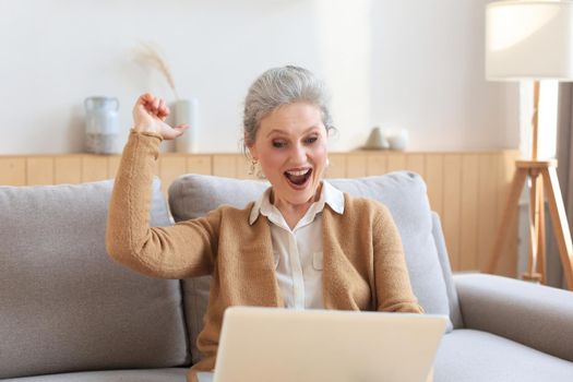 Happy mature woman celebrating online win using laptop sitting on couch at home