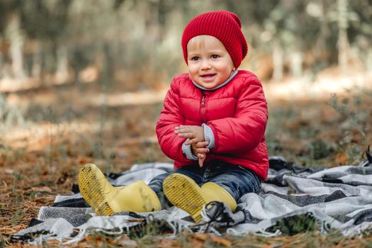 Little girl child sitting on the ground on plaid in the forest at autumn and smiling. Female kid portrait at nature