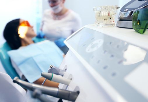 Close up view at set of dentist tools in modern dental office.